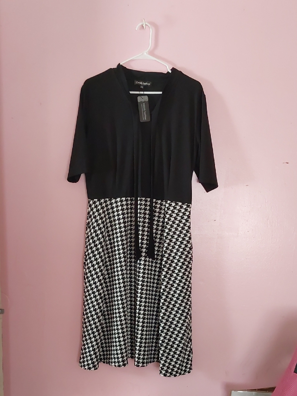 Oxiuly Black & White Houndstooth Fit-and-Flare Midi Dress